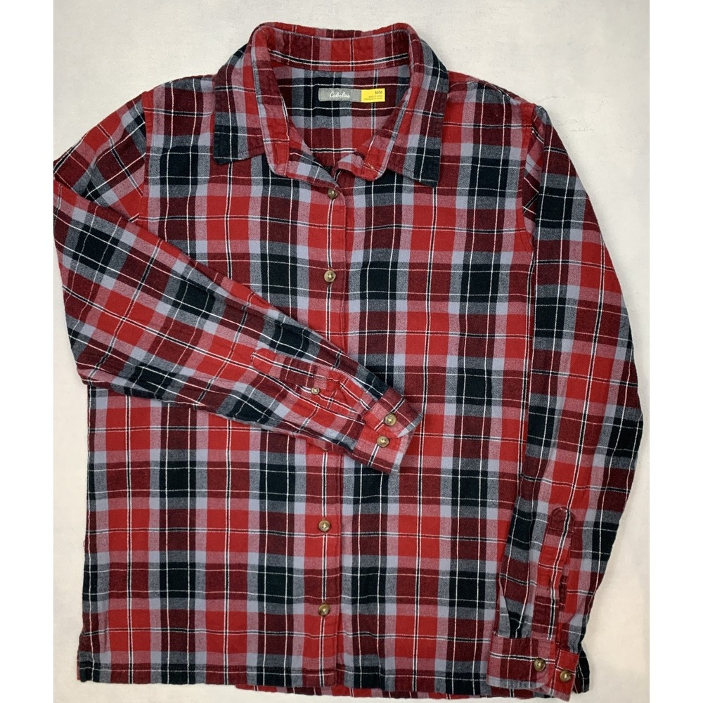 Cabelas Flannel Shirt Mens M Red Plaid Button Front Cotton Outdoors